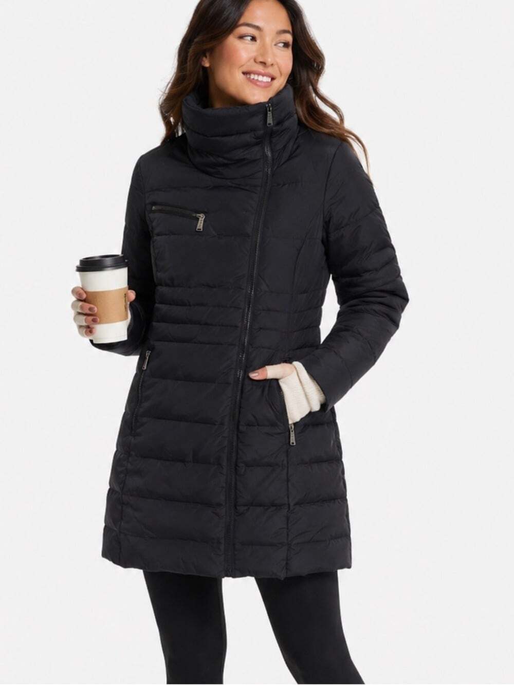 DKNY Black High Collar Black Down Filled Long Puffer Jacket Coat Small